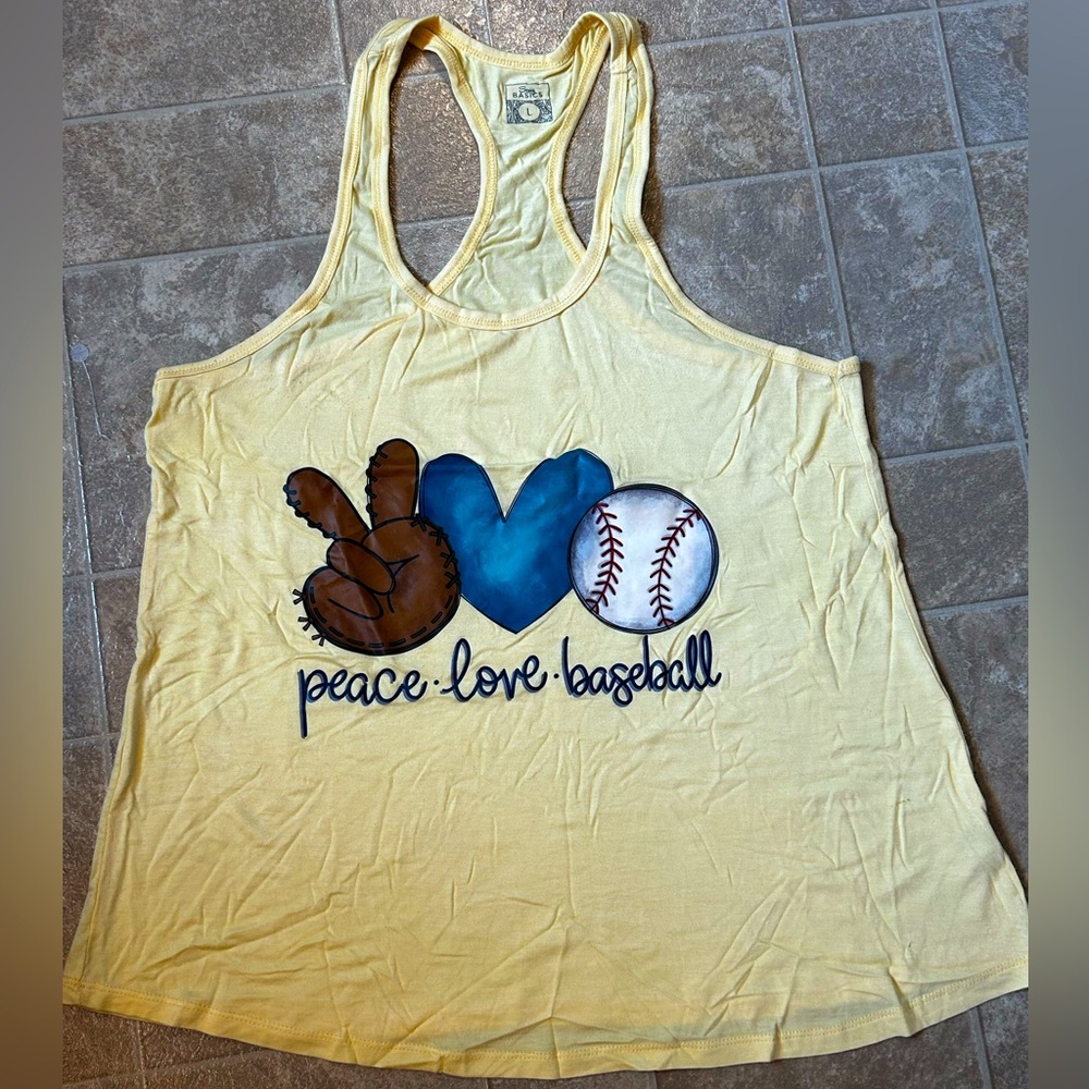 “Sexy Basics” Yellow Peace Love Baseball Tank Top, sz L